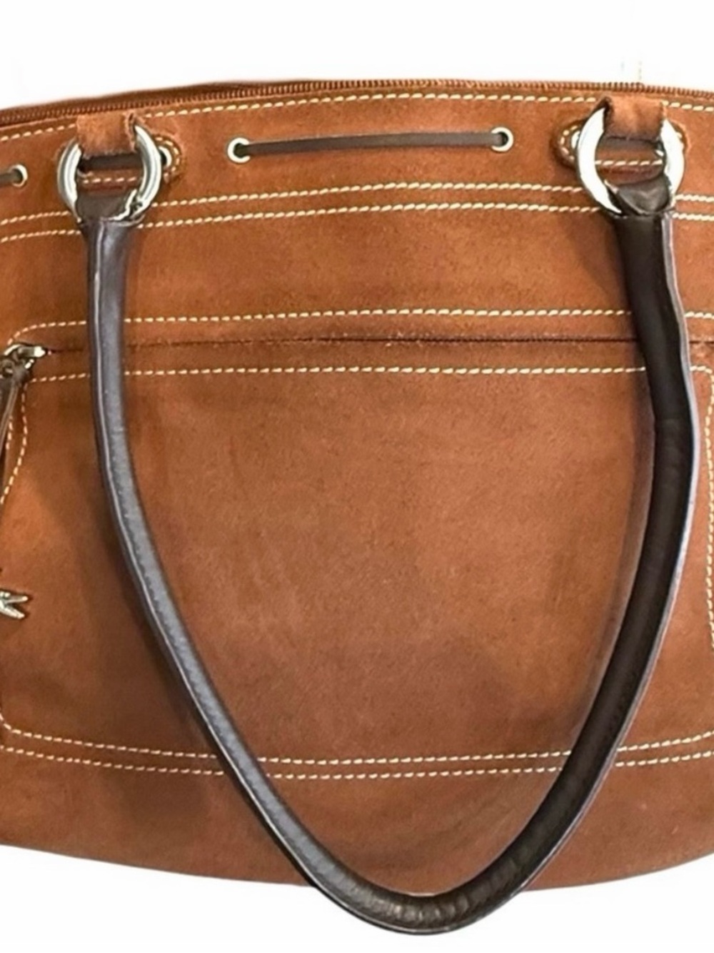 Lacoste Tan Suede Shoulder Bag with Dark Brown Handles